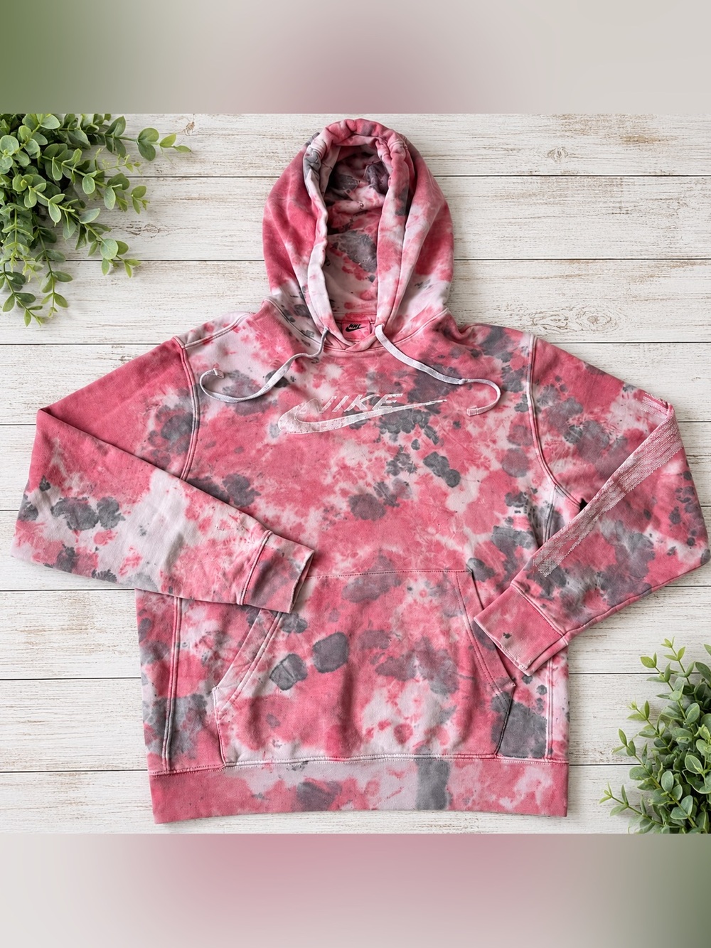Nike Women's Pink and Gray Tie-Dye Cowl Hoodie